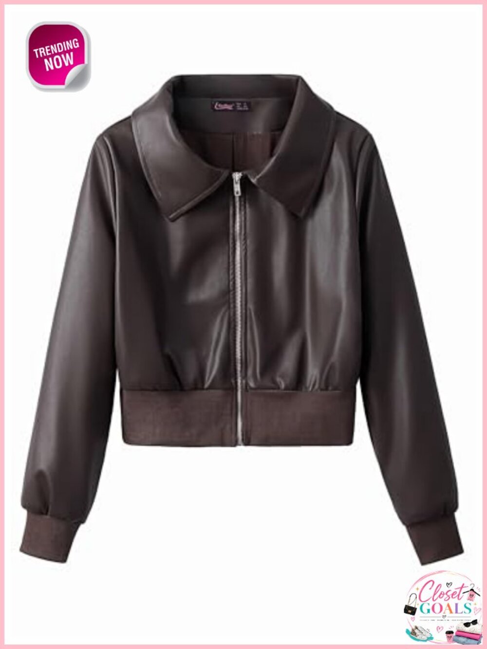 Faux Leather Zip Up Moto Biker Bomber Jacket Fitted Ribbed Trim
